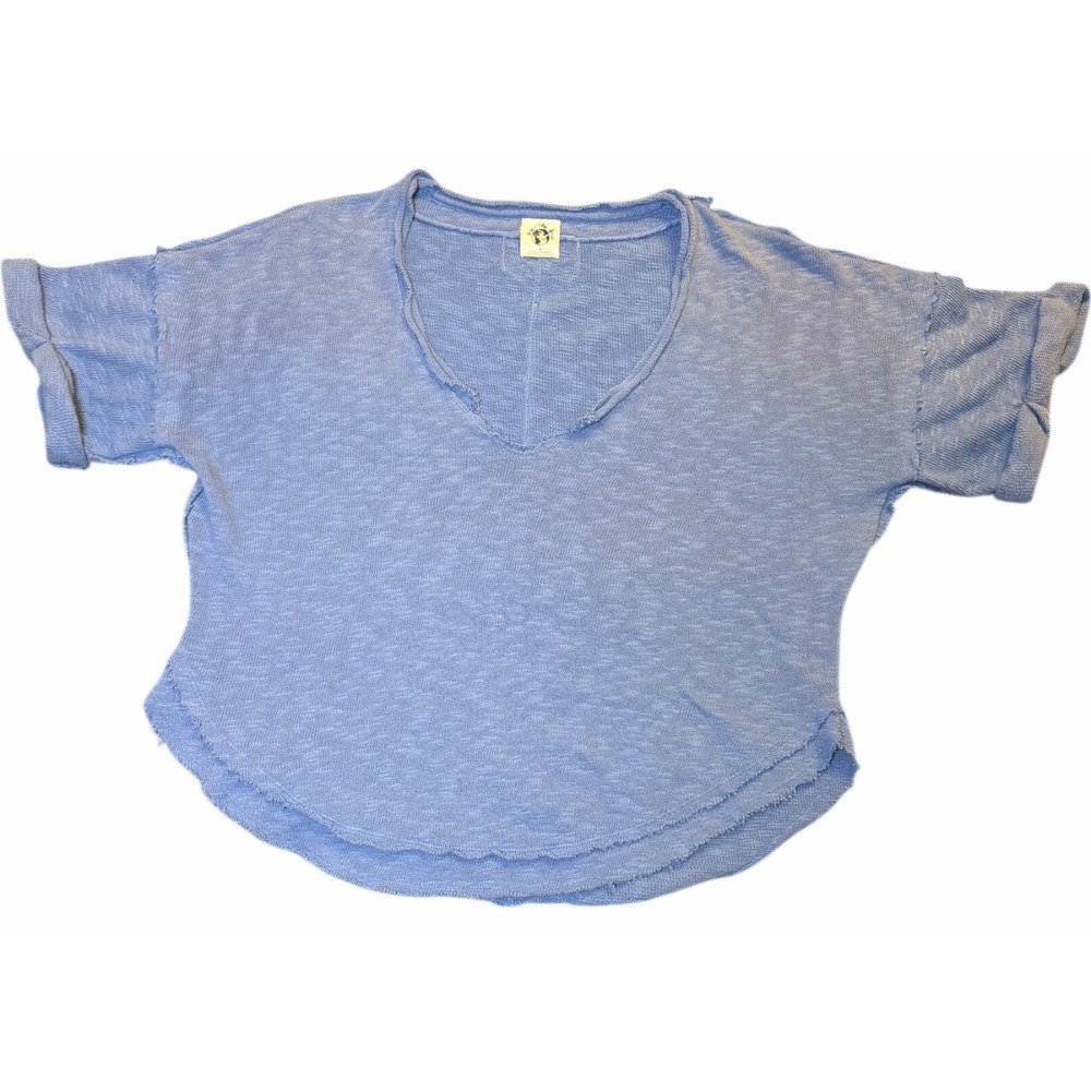 Free People We The Free North Star Tee S Blue‎ Distressed Hem V-Neck Boho Slub